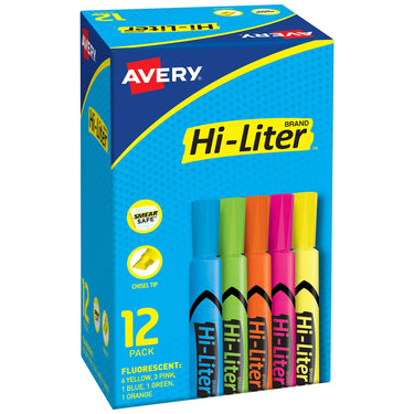 AVERY Hi-Liter Desk-Style Highlighters, Smear Safe Ink, Chisel Tip is great for sketch book art, 12 Assorted Colors (98034) 12 Count (Pack of 1) 12 highlighters